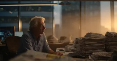 Midcent: En medelålders man arbetar sent på sitt kontor, omgiven av tidningshögar och datorer i kvällsljus. Scenen förmedlar