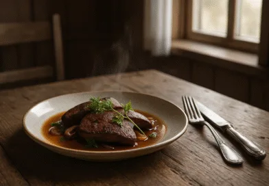 Midcent erbjuder en lockande kulinarisk upplevelse med en smakfull rätt, elegant upplagd på ett rustikt träbord. Fånga smaken och atmosfären av traditionell matlagning i en charmig miljö. Perfekt för den passionerade matälskaren. Kategori: Mat.