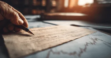 Midcent: En medelålders man håller en antik aktiecertifikat i handen, symboliserande finansiell investering och historisk ekonomi. Naturligt ljus och mogna händer förstärker känslan av arv och tradition. Kategori: Ekonomi.