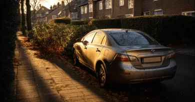 Midcent: Bilen står parkerad vid en trottoar på en solig gata kantad av hus och grönska, medan eftermiddagssolen kastar långa skuggor och gyllene ljusstrålar. Perfekt scen för höstmys och bilromantik.Kategori: Resa.