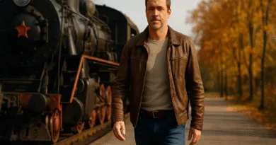 Midcent: En medelålders man promenerar längs järnvägsspår bredvid ett gammalt ånglok under hösten, omgiven av gyllene lövverk. Avslappnad stil med läderjacka förstärker känslan av nostalgi och äventyr. Resa.