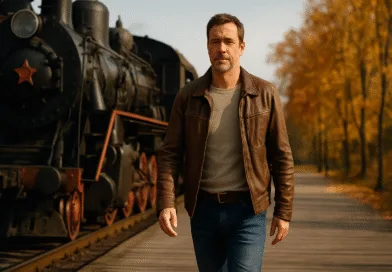 Midcent: En medelålders man promenerar längs järnvägsspår bredvid ett gammalt ånglok under hösten, omgiven av gyllene lövverk. Avslappnad stil med läderjacka förstärker känslan av nostalgi och äventyr. Resa.