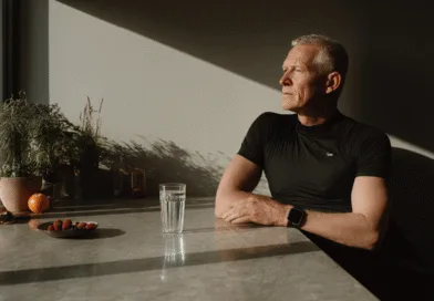 Midcent: En medelålders man i en lugn miljö med hälsosam mat, växter och ett glas vatten framför sig, betraktar solnedgången. Fokus på mindfulness och hälsa. Kategori: Hälsa.