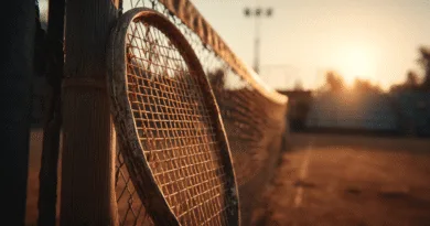 Midcent: En gammal tennisracket lutar mot ett nät på en tennisplan i solnedgången, vilket skapar en nostalgisk och sportig atmosfär. Perfekt för tennisentusiaster och sportälskare. Kategori: Sport.