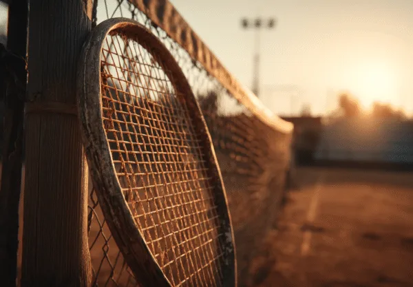 Midcent: En gammal tennisracket lutar mot ett nät på en tennisplan i solnedgången, vilket skapar en nostalgisk och sportig atmosfär. Perfekt för tennisentusiaster och sportälskare. Kategori: Sport.