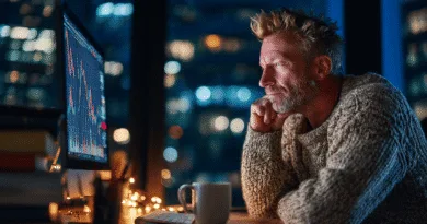 Midcent Ekonomi: En medelålders man granskar aktiemarknader på en datorskärm inne i ett kontor på kvällen, vilket ger en känsla av fokus och analys. Perfekt för SEO inom finansrelaterat innehåll.