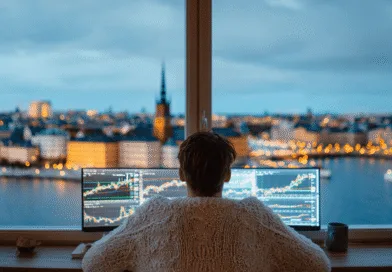 Midcent: En medelålders man analyserar aktiemarknadsgrafer på flera datorskärmar, med en storstadsvy i bakgrunden. Fokus på ekonomisk analys och strategisk handel för investerare. Kategori: Ekonomi.