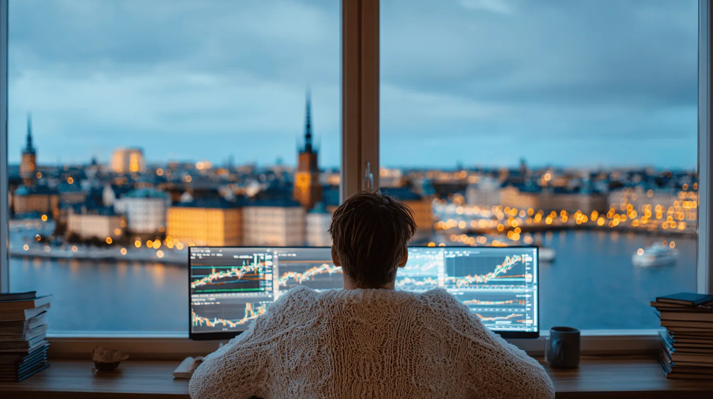 Midcent: En medelålders man analyserar aktiemarknadsgrafer på flera datorskärmar, med en storstadsvy i bakgrunden. Fokus på ekonomisk analys och strategisk handel för investerare. Kategori: Ekonomi.