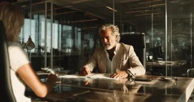 Midcent: En medelålders man i ett modernt kontorslandskap diskuterar affärer över ett skrivbord, omgiven av glaspaneler och dagsljus, vilket indikerar en professionell och seriös atmosfär. Ekonomi.