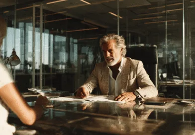 Midcent: En medelålders man i ett modernt kontorslandskap diskuterar affärer över ett skrivbord, omgiven av glaspaneler och dagsljus, vilket indikerar en professionell och seriös atmosfär. Ekonomi.