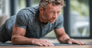 Midcent: En medelålders man fokuserar intensivt på träning i en hemmamiljö. Med starkt ljus genom fönstret och en grå t-shirt, exemplifierar han hälsa och styrka. Perfekt för inspiration inom fitness. Kategori: Hälsa.