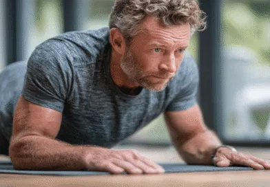 Midcent: En medelålders man fokuserar intensivt på träning i en hemmamiljö. Med starkt ljus genom fönstret och en grå t-shirt, exemplifierar han hälsa och styrka. Perfekt för inspiration inom fitness. Kategori: Hälsa.