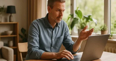 Midcent: En medelålders man arbetar fokuserat vid en bärbar dator i ett hemtrevligt kontorsutrymme med gröna växter och naturligt ljus. Teknik.