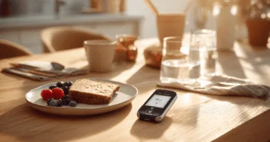 Midcent: En näringsrik frukost med fullkornsbröd och färska bär ligger bredvid en blodsockermätare på ett solbelyst bord, vilket främjar balanserad kost och hälsa. Kategori: Hälsa.