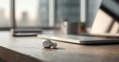 Midcent: Trådlösa hörlurar på ett skrivbord med bärbar dator i en modern kontorsmiljö. Perfekt för teknikälskare som söker innovation och komfort i arbetslivet. Upptäck nästa nivå av ljudkvalitet med stil och funktionalitet. Kategori: Teknik.