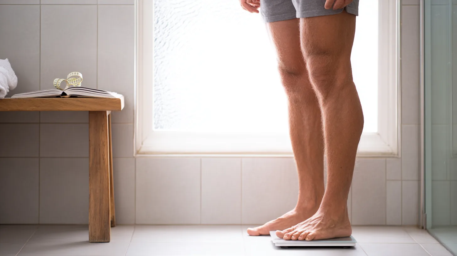 Midcent: En medelålders man står på en våg i ett badrum, bredvid ett måttband och en öppen bok, vilket illustrerar hälsomedvetenhet och viktkontroll. Kategori: Hälsa.