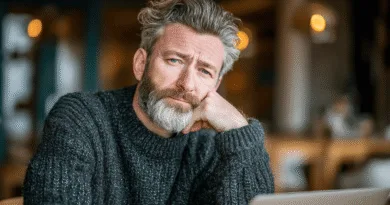 Midcent: En medelålders man sitter tankfull vid ett bord inomhus, iklädd en grå tröja, med en avslappnad atmosfär omkring sig. Perfekt för artiklar om livsstil och reflektioner. Kategori: Samhälle.