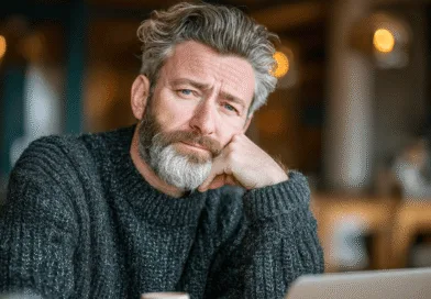 Midcent: En medelålders man sitter tankfull vid ett bord inomhus, iklädd en grå tröja, med en avslappnad atmosfär omkring sig. Perfekt för artiklar om livsstil och reflektioner. Kategori: Samhälle.
