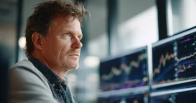 En medelålders man fokuserar på datorskärmar fyllda med aktiediagram i en modern kontorsmiljö. Bilden symboliserar