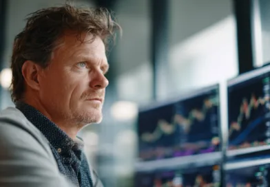 En medelålders man fokuserar på datorskärmar fyllda med aktiediagram i en modern kontorsmiljö. Bilden symboliserar