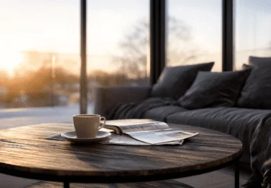 Midcent erbjuder en inblick i ett stilrent vardagsrum badat i morgonljus, med en rykande kopp kaffe på soffbordet och en öppen tidskrift som bjuder till avkoppling. Kategori: Underhållning.