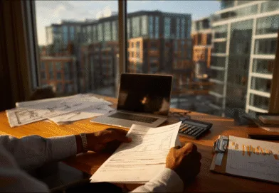 Midcent: En medelålders man i modernt kontor granskar ekonomiska rapporter. Han hanterar dokument och laptop, omgiven av stadsutsikt genom stora fönster. Bilden beskriver affärsverksamhet och finansiell analys. Kategori: Ekonomi.