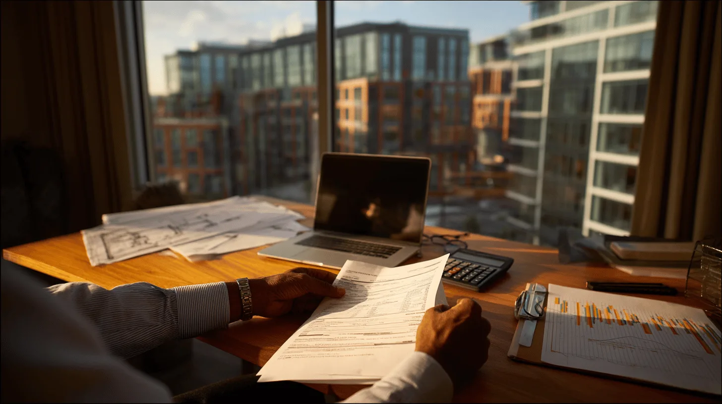 Midcent: En medelålders man i modernt kontor granskar ekonomiska rapporter. Han hanterar dokument och laptop, omgiven av stadsutsikt genom stora fönster. Bilden beskriver affärsverksamhet och finansiell analys. Kategori: Ekonomi.