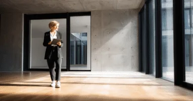 Midcent: En medelålders kvinna i modern kontorsmiljö, elegant klädd, håller i en surfplatta, står i ett stort, solbelyst rum med trägolv och stora fönster. Kläder och teknologi. Kategori: Teknik.