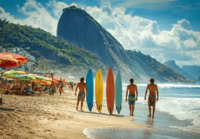 Midcent strandliv: Fyra surfare bär färgglada brädor längs stranden i ett tropiskt paradis omgiven av berg och paraplyer. Perfekt semesterdestination för solälskare och äventyrare. Kategori: Resa.