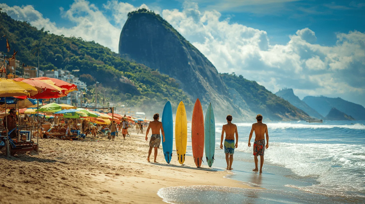 Midcent strandliv: Fyra surfare bär färgglada brädor längs stranden i ett tropiskt paradis omgiven av berg och paraplyer. Perfekt semesterdestination för solälskare och äventyrare. Kategori: Resa.