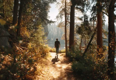 En medelålders man vandrar genom en solbelyst skogsstig mot en sjö, omgiven av höstens färger och naturens rogivande atmosfär. Bilden fångar stillhet och frihet i ett naturskönt landskap. Midcent Resa.