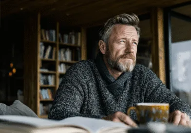 Midcent: En medelålders man i vildmarken, iklädd friluftskläder, omgiven av dimmiga träd och en rå naturmiljö. Perfekt för den äventyrliga själen. Kategori: Resa.