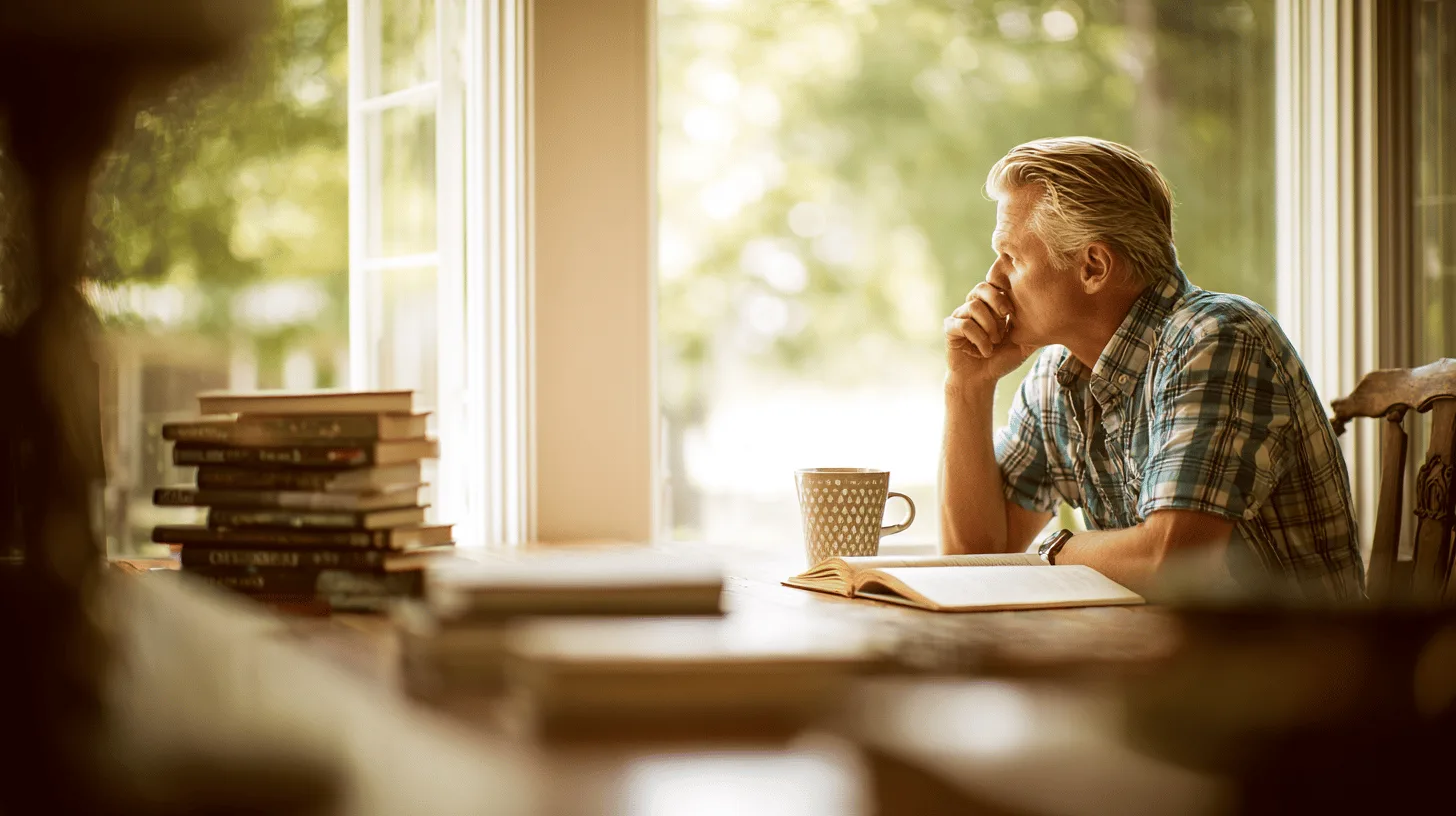 En medelålders man förbereder sig för en joggingtur längs en dimmig skogsstig. Bilden fångar en tidig morgonstund med fokus på hälsa och livsstil. Midcent. Kategori: Hälsa.