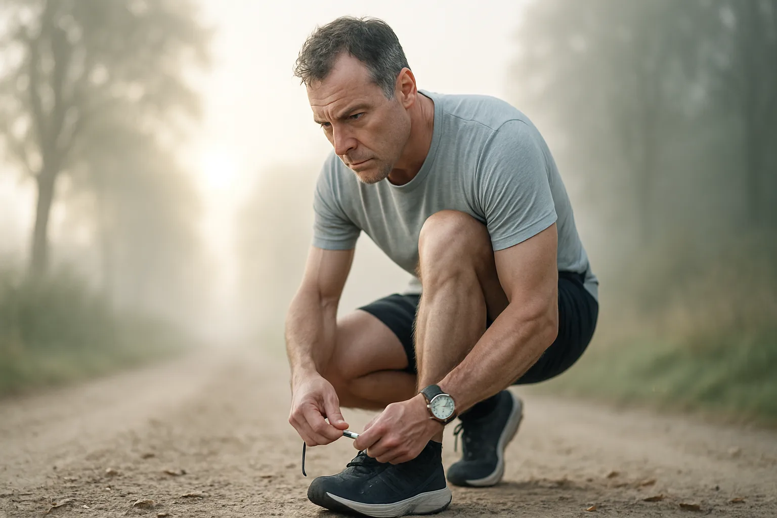 Midcent: En medelålders man förbereder sig för löpning på en grusväg i dimmig morgonmiljö. Med fokus på hälsa och träning speglar bilden motivation och fysisk aktivitet i naturen. Kategori: Hälsa.