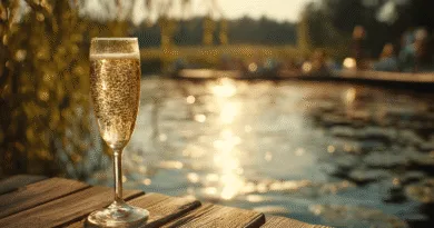 Glas champagne glittrar i solnedgång vid sjö. Skapar en stämning av lyx och avkoppling, perfekt för sommarkvällar. Idealiskt för romantiska utflykter eller avslappnade stunder vid vattnet. Midcent Resa.