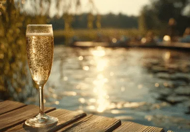 Glas champagne glittrar i solnedgång vid sjö. Skapar en stämning av lyx och avkoppling, perfekt för sommarkvällar. Idealiskt för romantiska utflykter eller avslappnade stunder vid vattnet. Midcent Resa.