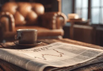 Midcent: Kaffekopp och tidning med ekonomiartiklar på rustikt bord i mysig miljö. Perfekt för avslappning och finansnyheter. Ekonomi.