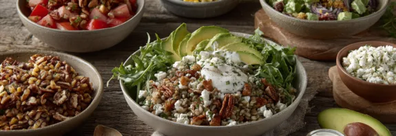 Midcent erbjuder en färgglad och hälsosam salladsbuffé, med ingredienser som avokado, pecannötter och krispiga grönsaker, perfekt för hälsomedvetna måltider. Upptäck nya smaker och fräscha ingredienser.  Kategori: Mat.