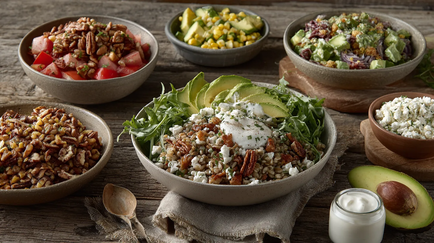 Midcent erbjuder en färgglad och hälsosam salladsbuffé, med ingredienser som avokado, pecannötter och krispiga grönsaker, perfekt för hälsomedvetna måltider. Upptäck nya smaker och fräscha ingredienser.  Kategori: Mat.