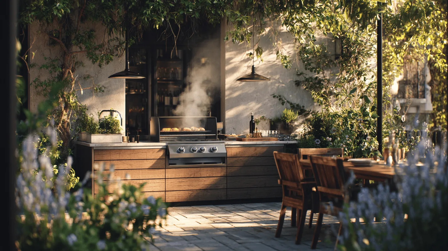 Midcent presenterar en stilfull utomhuskök med grill och någrillat kött, omgivet av frodig grönska. Perfekt för härliga sommarkvällar och matlagning utomhus. Upplev modern design och funktionalitet i en avslappnande miljö. Mat.