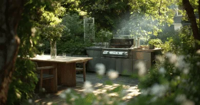 Midcent: Utomhuskök i lummig trädgård med grill och träbord, omgiven av grönska och blommor. Perfekt för avkopplande matstunder i naturen. Ekonomi.