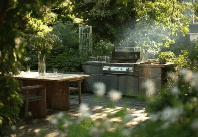 Midcent: Utomhuskök i lummig trädgård med grill och träbord, omgiven av grönska och blommor. Perfekt för avkopplande matstunder i naturen. Ekonomi.