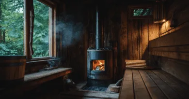 Midcent presenterar en traditionell bastu med vedeldad kamin och träinredning. Den avkopplande atmosfären förstärks av den omgivande naturen utanför det stora fönstret. Perfekt för en lugn stund i naturnära miljö. Kategori: Hälsa.