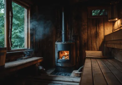 Midcent presenterar en traditionell bastu med vedeldad kamin och träinredning. Den avkopplande atmosfären förstärks av den omgivande naturen utanför det stora fönstret. Perfekt för en lugn stund i naturnära miljö. Kategori: Hälsa.