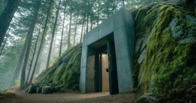 Midcent: En betongbunker integrerad i en mossbeklädd bergssida, omgiven av höga träd i en skogsmiljö. Strålar av solljus silar genom grenarna, vilket skapar en mystisk atmosfär. Kategori: Resa.