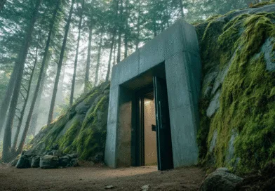 Midcent: En betongbunker integrerad i en mossbeklädd bergssida, omgiven av höga träd i en skogsmiljö. Strålar av solljus silar genom grenarna, vilket skapar en mystisk atmosfär. Kategori: Resa.