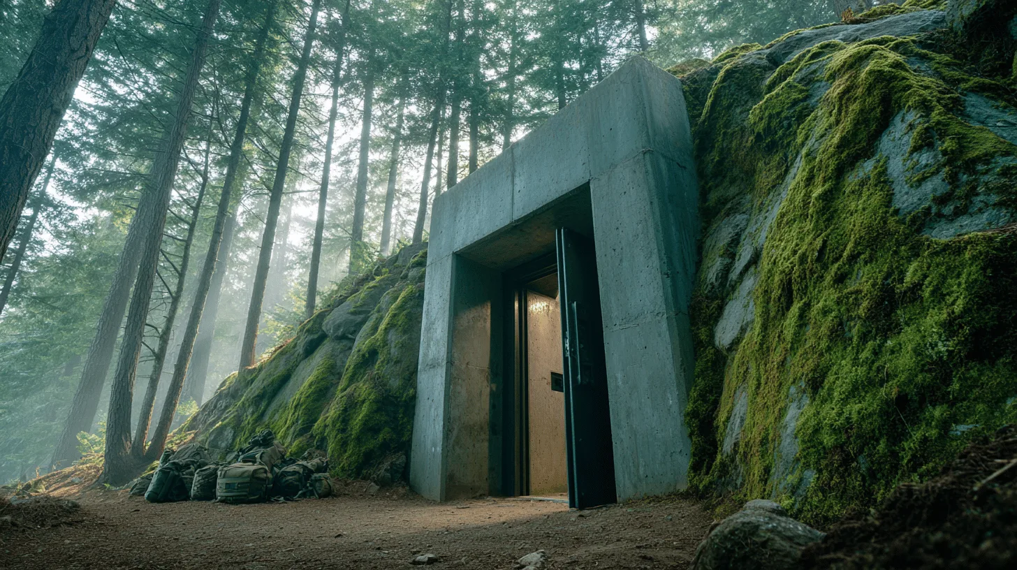 Midcent: En betongbunker integrerad i en mossbeklädd bergssida, omgiven av höga träd i en skogsmiljö. Strålar av solljus silar genom grenarna, vilket skapar en mystisk atmosfär. Kategori: Resa.