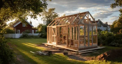 Midcent: En idyllisk trädgårdsscen med ett halvfärdigt växthus i solnedgången. Den klassiska röda stugan i bakgrunden skapar en harmonisk atmosfär. Ett perfekt exempel på svensk sommar och trädgårdshandarbete. Kategori: Resa.