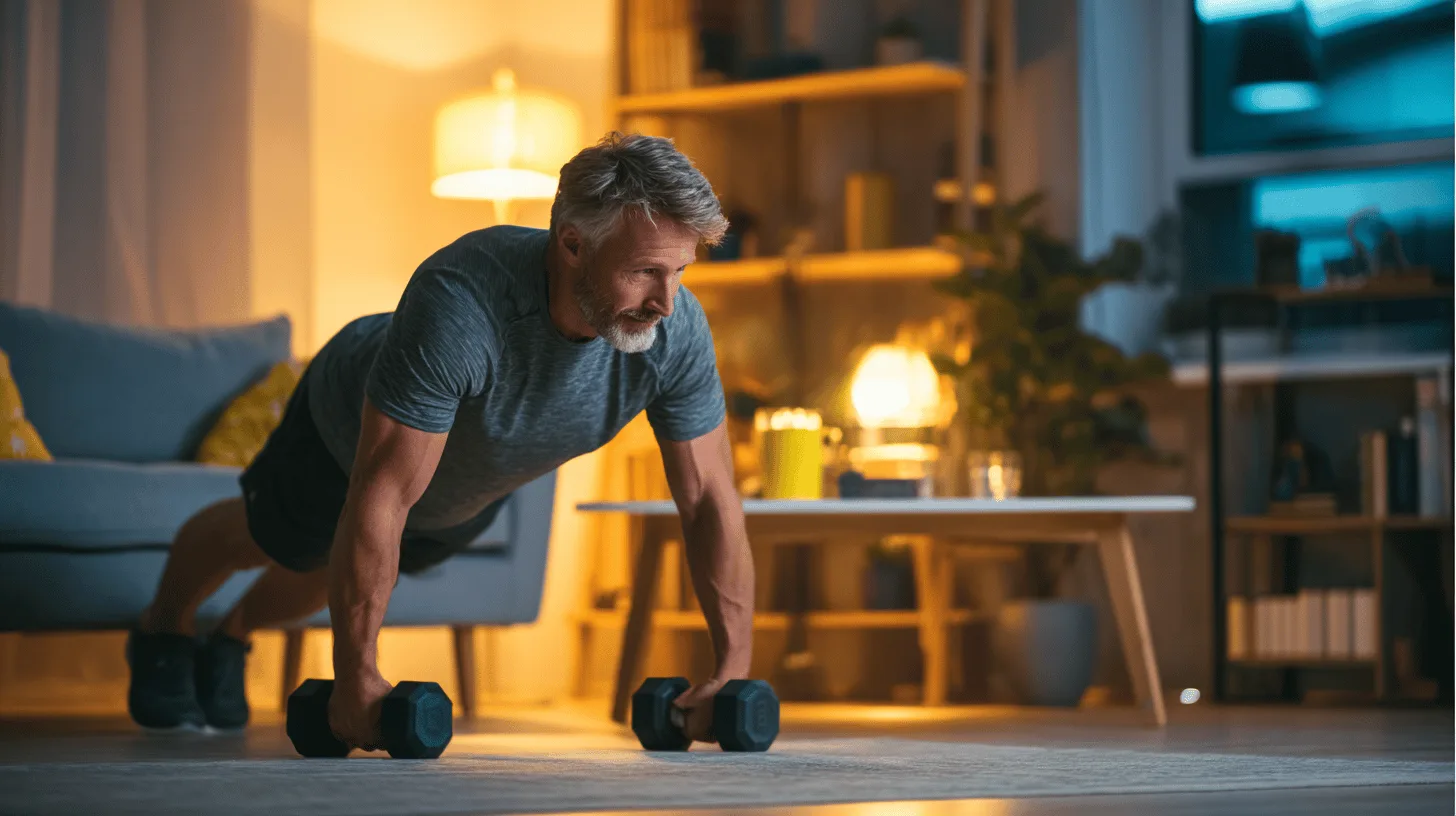 Midcent: En medelålders man tränar hemma med hantlar, förbättrar sin styrka och hälsa i bekväm hemmiljö. Fokus på motion, hälsa och välbefinnande. Inspirerande för en aktiv livsstil. Kategori: Hälsa.