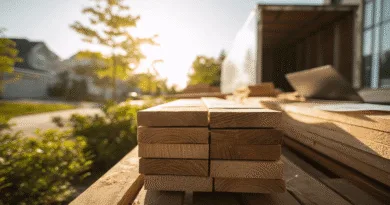 Midcent: En hög med träplankor framhävs i solnedgångsljus på en arbetsplats utomhus, vilket symboliserar hållbarhet och hantverk i en lugn bostadsmiljö. Kategori: Samhälle.